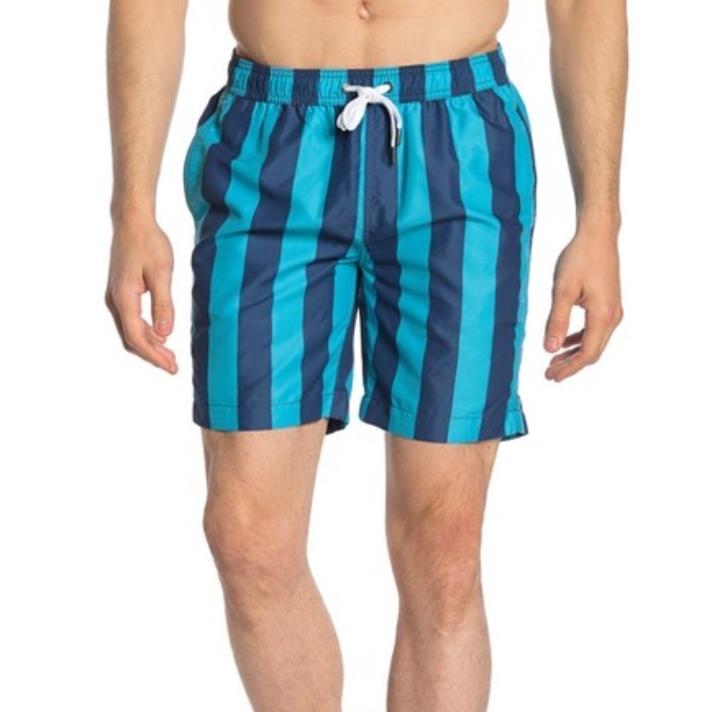 Onia Charles Stripe Print Swim Trunks Teal NWT Men's